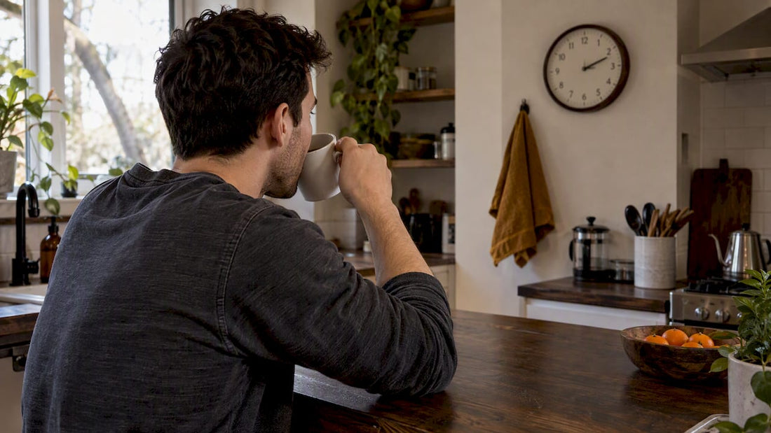 Coffee cup beside a wall clock