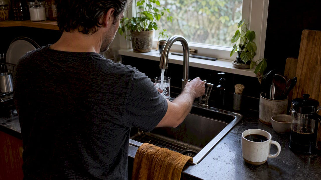Home brewer testing tap water beside coffee