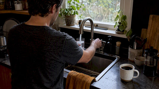 Home brewer testing tap water beside coffee