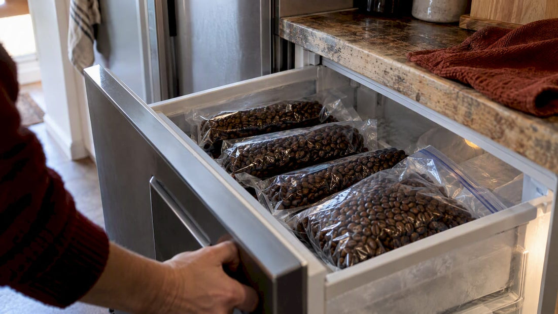 Sealed coffee portions stored in freezer