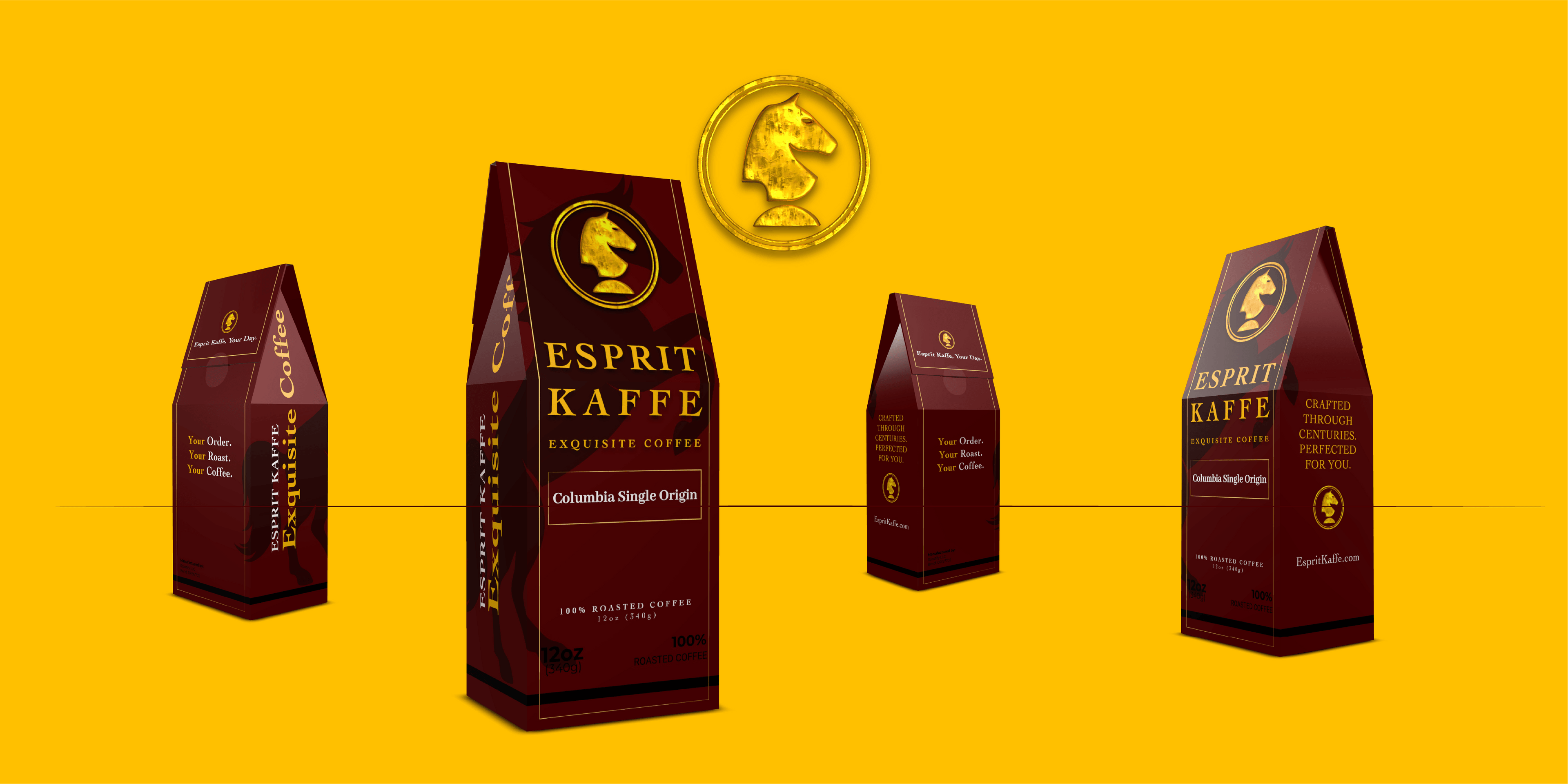 Esprit Kaffe coffee packages on a yellow background with a gold medallion above them.